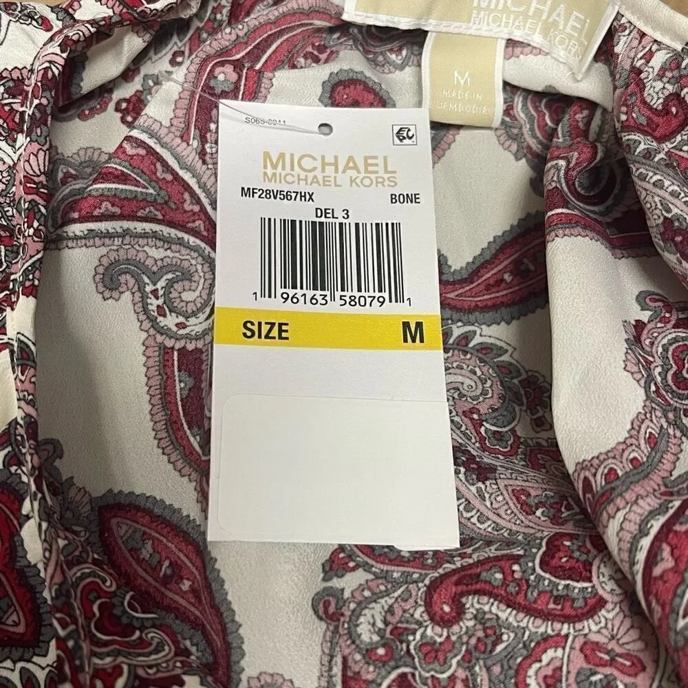 MICHAEL KORS Womens Pleated Dress Ivory Ruffled Pullover Paisley Long Sleeve M